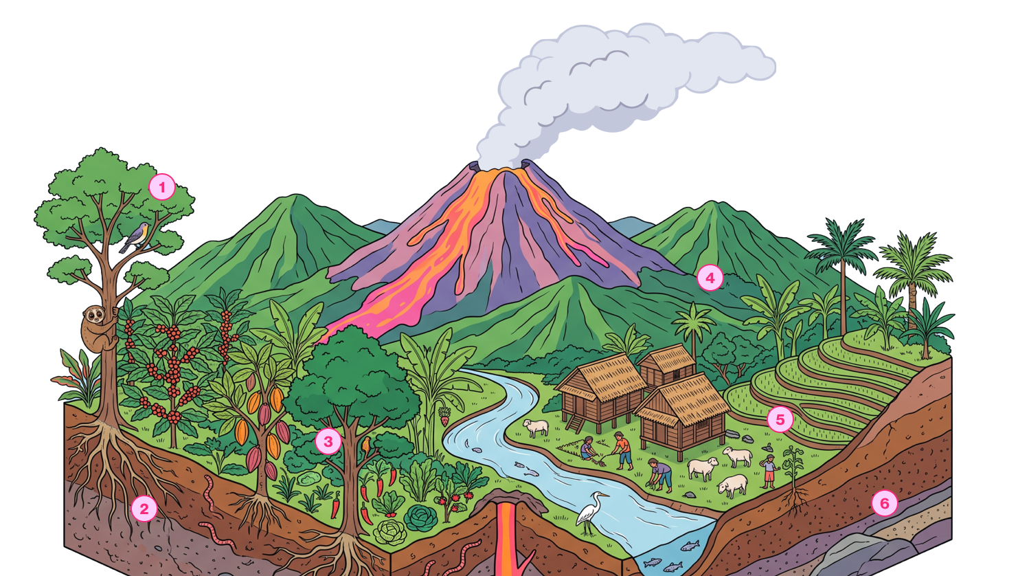 An illustration explaining how a regenerative farm designed around nature is our biggest climate solution for a circular, self-regenerating and resilient ecosystem.